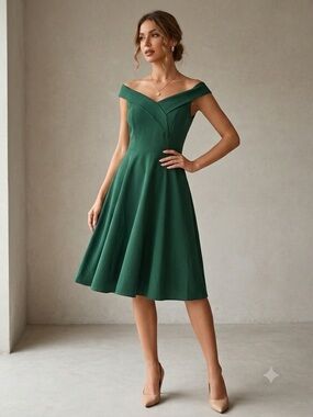 Off-Shoulder Fit-and-Flare Midi Dress in Forest Green